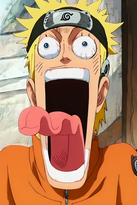 score_9, score_8_up, score_7_up, score_6_up, score_5_up, score_4_up, <lora:Naruto:0.8>,  uzumaki_naruto, blonde hair, forhead protector, konohagakure symbol, whisker markings, blue eyes, jacket, orange pants, 1boy, alone, masterpiece, highres, highly detailed face, <lora:onepiece_funny_face:1.2>, one_piece_funny_face, eye pop, snot, teeth, eyes vein lines, open mouth, tongue out, long tongue