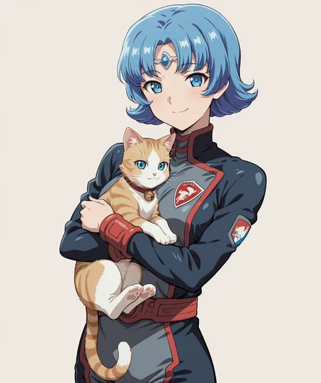 masterpiece, best quality, amazing quality, very aesthetic, ultra detail, clear line, solo, <lora:ecrua_v1:0.8>, ecrua, blue eyes, short hair, blue hair, hair ornament, military uniform, jumpsuit, red belt, smile, holding cat, cowboy shot, simple background, <lora:LECO_BadHands:1.2>, <lora:LECO_GoodHands:-1.2>, <lora:cfg_scale_boost:0.7>