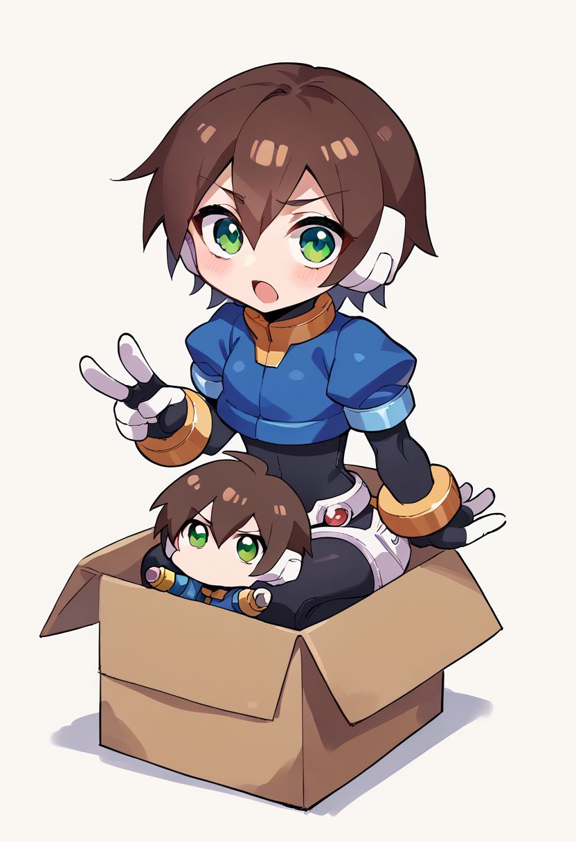score_9, score_8_up, score_7_up, score_6_up, source_anime, BREAK <lora:stasis_tank_v0.3-pony:1>,1girl, small breasts, brown hair, short hair, green eyes, robot ears, black bodysuit, fingerless gloves, blue Cropped Jacket, cropped jacket, short sleeves, bracelet, b0xe,chibi, in box
