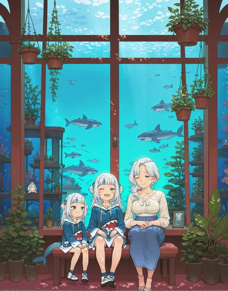 1girl, smile,
age progression, multiple views, mature female, 
gawr gura, (streaked hair:1.1), white hair, (blue hair:1.1),
indoors, sitting,
hanging plant, dappled sunlight, 
family,
aquarium,
 no humans, 
[royal, loaded interior, :2]
hjl, aurumek,
masterpiece, very awa, best quality,  
<lora:artist_aurumek-ill:1:lbw=OUT01>
<lora:concept_ageprog-rls:1>