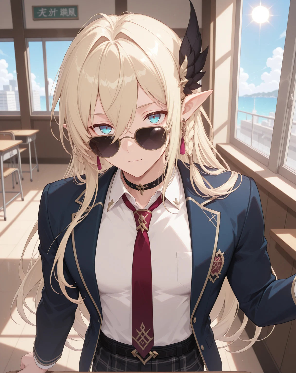 masterpiece,best quality,amazing quality, newest, very aesthetic, absurdres,
1boy, solo, yaoi, male focus, looking at viewer, cowboy shot,
<lora:Grandiel_Forbbiden_Tome:1>   grandielfb, pointy ears, blonde hair, hair between eyes, blue eyes, long bangs, sunglasses,double-parted bangs, official alternate costume, side braid,
school uniform, white shirt, collared shirt, blue jacket, red necktie, black pants, plaid pants,
indoors, school, hallway, window, day, sun,