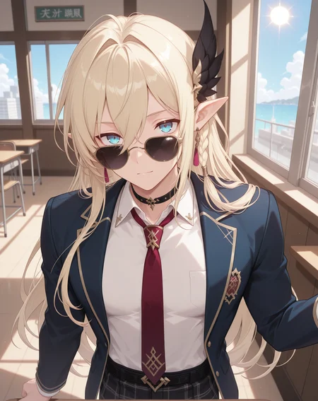 masterpiece,best quality,amazing quality, newest, very aesthetic, absurdres,
1boy, solo, yaoi, male focus, looking at viewer, cowboy shot,
<lora:Grandiel_Forbbiden_Tome:1> grandielfb, pointy ears, blonde hair, hair between eyes, blue eyes, long bangs, sunglasses,double-parted bangs, official alternate costume, side braid,
school uniform, white shirt, collared shirt, blue jacket, red necktie, black pants, plaid pants,
indoors, school, hallway, window, day, sun,