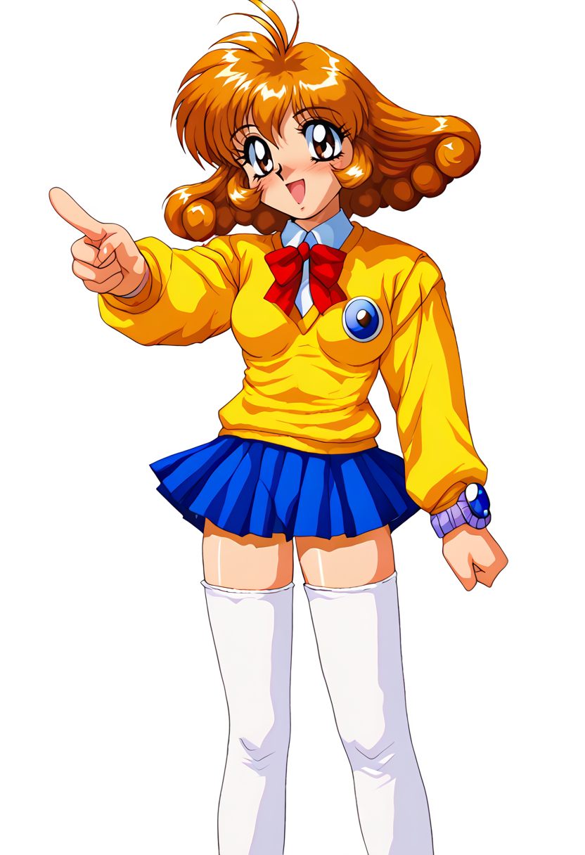 score_9, score_7_up, hd, (ultra hd quality details), white background, 1990s \(style\), retro artstyle, 
solo, 1girl, kasugayuidef, antenna hair,
school uniform, yellow sweater, long sleeves, blue skirt, pleated skirt, white thighhighs, wristwatch,
looking at viewer, blush, smile, open mouth, 
standing, pointing up,
<lora:_eyeball_style-elesico-pony-12:1> <lora:_kasuga_yui-elesico-pony:0.9>