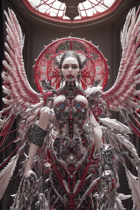 complex 3d render ultra detailed beautiful death angel, biomechanical cyborg, analog 150 mm lens, beautiful natural soft rim light, crystal feathers, roots, fine foliage lace, colorful details, Boris Bidjan Saberi outfit, pearl earrings, piercing, art nouveau fashion embroidered, intricate details, mesh wire, mandelbrot fractal, facial muscles, cable wires, microchip, badass, hyper realistic, ultra detailed, octane render, volumetric lighting, 8k post-production, red and white with a bit of black, detailled metalic bones, semi human, iridescent colors, Glenn Brown style, futuristic room, power of the god, high-angle shot, complex body poses