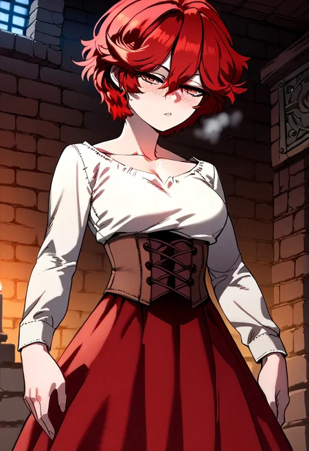score_9, score_8_up, score_7_up, score_9, score_8_up, score_7_up,Masterpiece,HD,(((HD quality))), (((ultra quality))), hyper ultra detailed, hyper ultra quality,solo,mature female,
<lora:StS_PonyXL_Detail_Slider_v1.4_iteration_3:3>,
Background dungeon, bricks, filth on the walls, anime font,from below, looking at the viewer,indoors,
1girl, detailed, perfect arms, perfect face, perfect hands,alone ,blushed, very blushed,
BREAK
breasts perky,curvy, waist, slim, perfect anatomy, height, tall,perfect body,
BREAK
red hair, red eyes, hair between eyes, freckles, orange eyes, short hair,
BREAK
collarbone, white shirt, long sleeves, brown corset, red skirt