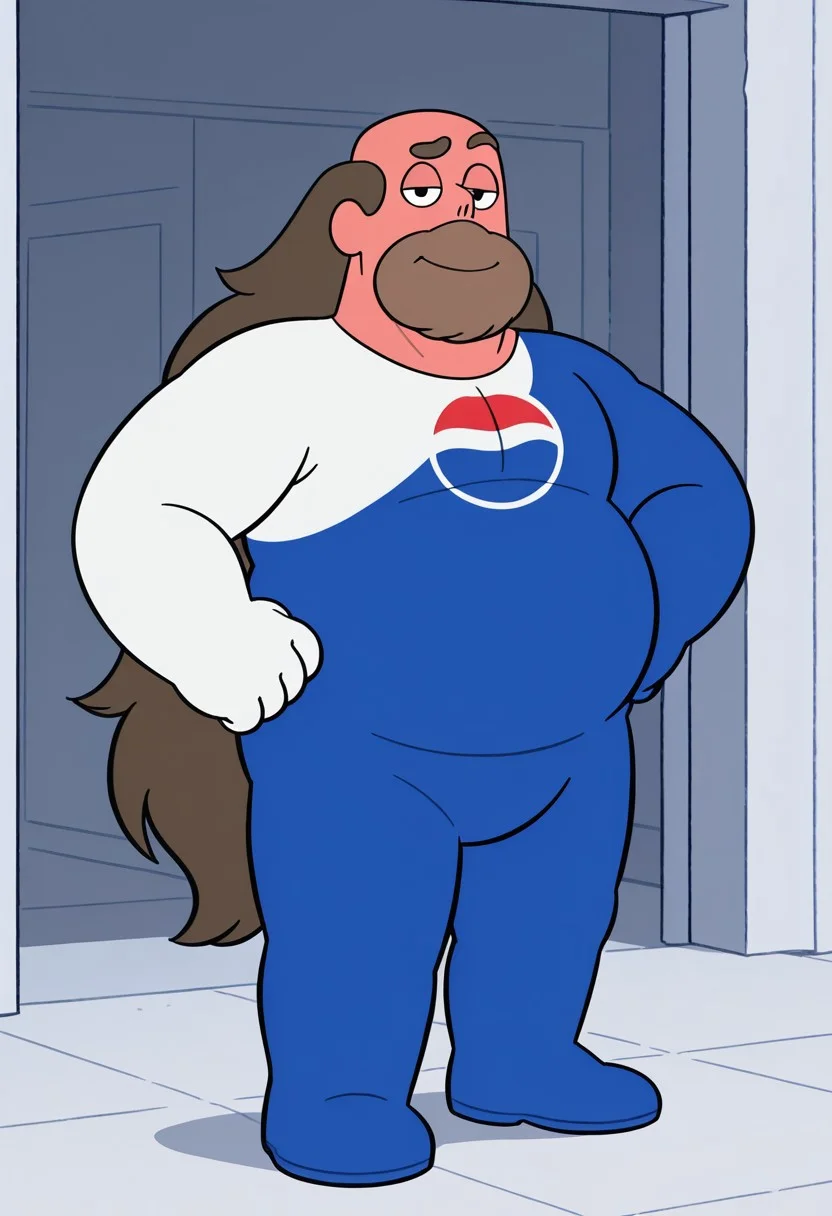 detailed background, GregUIL, 1boy, male focus, fat, beard, black eyes, long hair, brown hair, solo, mature male, fat, chubby, masterpiece, perfect quality, best quality, detailed, newest, very aesthetic, smile, p3psim4n, two-tone body, shiny bodysuit, full body, bulge, looking at viewer, half-closed eyes, smile, raised eyebrow,