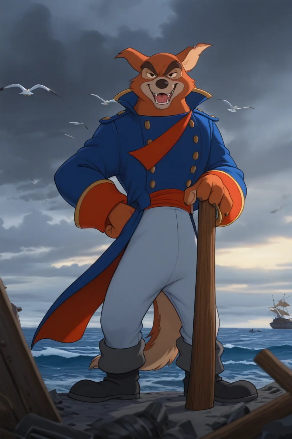 masterpiece, best quality, amazing quality, photorealism, cinematic lighting, front view, solo, male focus,  
1boy, canine, furry, d0nkarnage, red wolf, anthro, broad shoulders, thick brown eyebrows, confident expression, smirk, sharp fangs slightly visible, tail swishing, standing tall,  
wearing a blue captain's coat with red and gold accents, light blue pants, black boots, white undershirt slightly visible, leather belt, sword sheathed at hip, one hand resting on the hilt, pirate leader stance, wind slightly ruffling coat,  
background: stormy ocean cliffside, crashing waves, shipwreck debris, dark storm clouds rolling in, dramatic lighting, torn pirate flags in the distance, misty air, seagulls flying overhead, cinematic depth of field, adventure atmosphere  
<lora:waiNSFWIllustrious_v110:1> <lora:Don_Karnage_iLL:1>