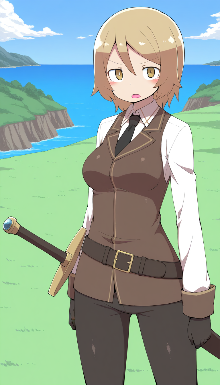 general,highres, ultra-detailed,very aesthetic,best quality ,best hands,  BREAK  <lora:Moka_margaret_IS:1>Moka_margaret, 1girl, short hair, blonde hair, brown hair, brown eyes, breasts,
solo, gloves, necktie, black gloves, weapon, black necktie, vest, long sleeves, shirt, open mouth, sword, sheath, 
cowboy shot, collared shirt, white shirt, pants, yellow eyes, looking at viewer, sheathed, arms at sides, standing, bangs, pantyhose, brown vest, black pants,
island, grass,