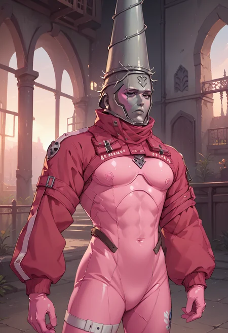 score_9, score_8_up, score_7_up, score_6_up BREAK EPalicebodysuit, wearing epalicebodysuit,pink bodysuit, shrug \(clothing\), breast pocket, elbow strap, shoulder strap, multicolored gloves, sleeves past wrists,solo,male focus,muscular,penitent one,grey helmet,faceless,expressionless  <lora:sppenitentOneXLPony:1> <lora:EPalicebodysuit:0.8>