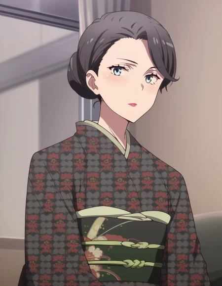 score_9, score_8_up, score_7_up, source_anime,
motheryukinoshita, <lora:mother-yukinoshita-s3-ponyxl-lora-nochekaiser:1>,
mother yukinoshita, short hair, blue eyes, black hair, hair bun, single hair bun, hair up,
japanese clothes, kimono, sash, makeup, obi, floral print, lipstick, black kimono,
indoors, bed, bed room, on side, blush, drunk,
looking at viewer, cowboy shot, dutch angle, solo,