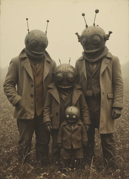 A hyper-realistic sepia-toned photograph depicting a surreal family portrait of four figures with robotic heads, standing in a field of tall grass. The image emulates the style of early 20th-century photography, with a slightly grainy texture and muted contrast.
The figures' clothing is detailed and worn, with visible creases, patches, and buttons, contrasting sharply with their mechanical heads. The background shows a misty, nondescript field, emphasizing the otherworldly nature of the subjects.
Every detail is captured with photographic precision - from the individual blades of grass in the foreground to the intricate mechanical components of the robot heads. The lighting is soft and diffuse, typical of overcast outdoor photography, highlighting the textures of both the organic and inorganic elements in the scene.
The overall effect is a haunting blend of historical imagery and science fiction, creating an unsettling yet captivating family portrait that challenges perceptions of humanity and technology.