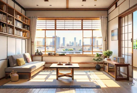 ((front view)), ((Japanese animation style)), modern-style interior, with white walls, (large windows), Nordic-style furniture, a  study, Sofa, coffee table, bookcase, single wall, 
warm light morning sun, (the view of the city)