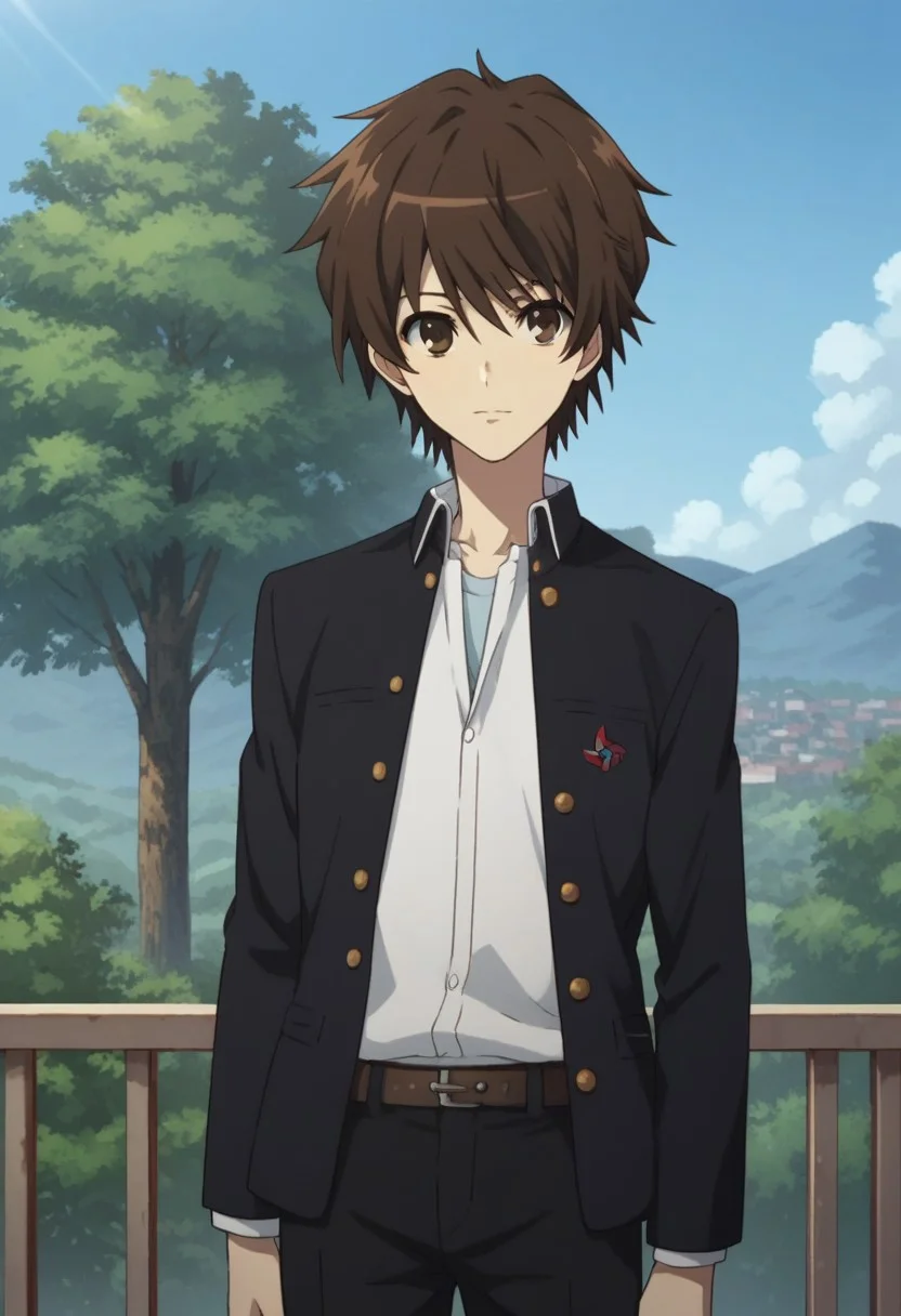 score_9, score_8_up, score_7_up, source_anime, highly detailed,
koichi, 1boy, solo, male focus, school uniform, gakuran, brown hair, brown eyes, upper body, standing, pants
looking at viewer black pants,
outdoor, sky, tree