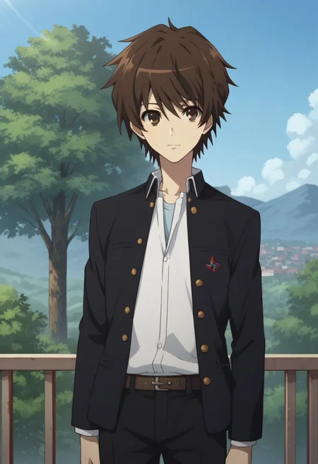 score_9, score_8_up, score_7_up, source_anime, highly detailed,
koichi, 1boy, solo, male focus, school uniform, gakuran, brown hair, brown eyes, upper body, standing, pants
looking at viewer black pants,
outdoor, sky, tree