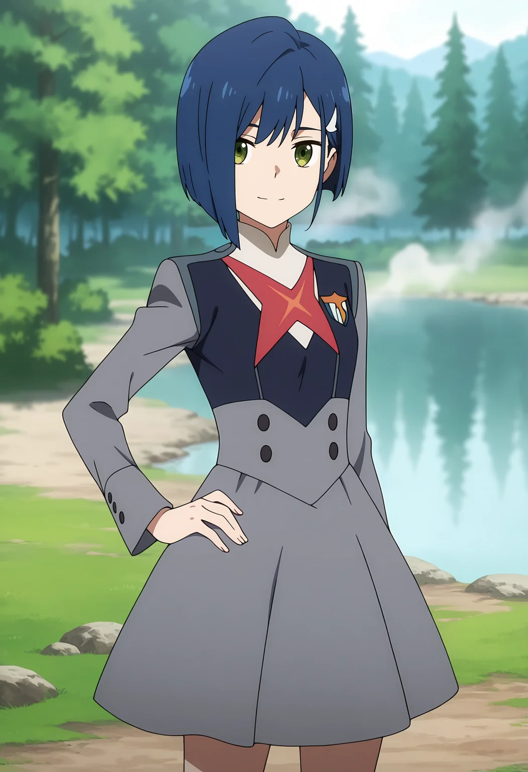 anime screencap, masterpiece, best quality,
<lora:DarlingInTheFranxx_Ichigo_IlluXL:0.9>,
1girl, solo, closed mouth, light smile,
asymmetrical hair, blunt ends, short hair, blue hair, green eyes, hairclip,
short dress, grey dress, long sleeves, 
hand on own hip, standing, looking at viewer, cowboy shot,
forest, foliage, lake, steam, fog, day, blurry background
