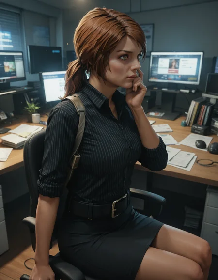 score_9, score_8_up, score_7_up, <lora:grmsdttr-xl-v1-32:1> photo of grmsdttr, red hair, ponytail, brown eyes, black striped shirt, black skirt, wide belt, holster,
1girl, solo, sitting, thinking, hand on own chin, office chair, monitor, screen light, dim lighting, indoors, night