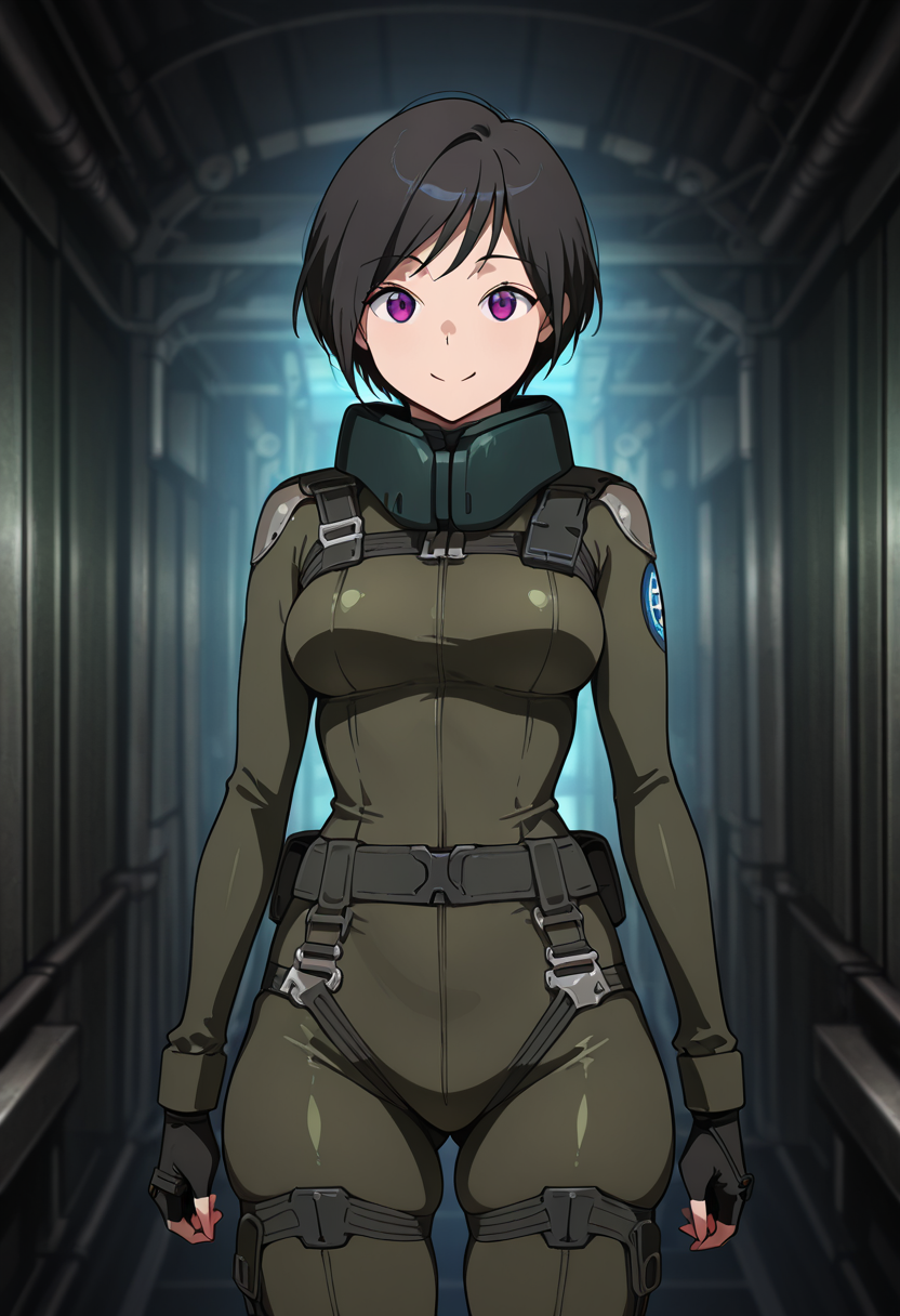 masterpiece, best quality, amazing quality, very aesthetic, absurdres, newest, illustration, perfect composition, intricate details, highres, anime coloring, 1girl, solo, (cowboy shot:1.2), inkoww, purple eyes, black hair, short hair, aldnoahsuit, neck guard, breasts, black fingerless gloves, black boots, looking at viewer, smile, shiny body, shiny skin, skindentation, clear skin, shiny hair, ultra detailed eyes, depth of field, sharp, intricate details, hyperdetailed, ultra-detailed, detailed clothing folds, high contrast, dynamic light  <lora:Amifumi_Inko_Aldnoah_Zero_ill_v1.1:1>
