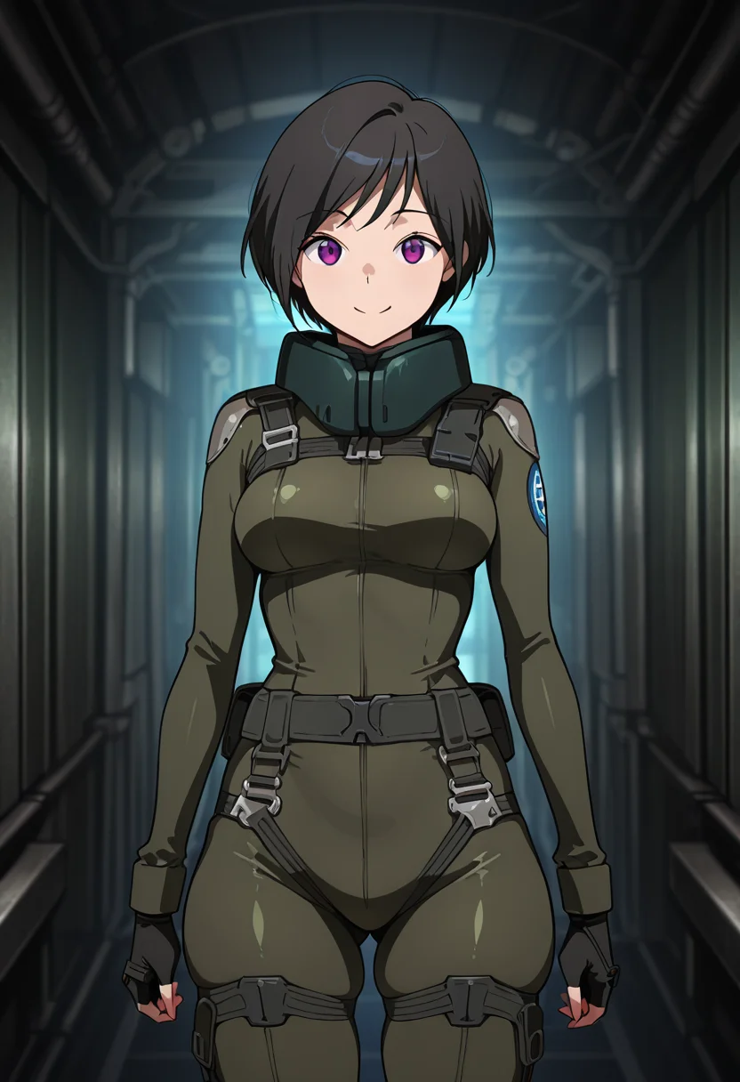 masterpiece, best quality, amazing quality, very aesthetic, absurdres, newest, illustration, perfect composition, intricate details, highres, anime coloring, 1girl, solo, (cowboy shot:1.2), inkoww, purple eyes, black hair, short hair, aldnoahsuit, neck guard, breasts, black fingerless gloves, black boots, looking at viewer, smile, shiny body, shiny skin, skindentation, clear skin, shiny hair, ultra detailed eyes, depth of field, sharp, intricate details, hyperdetailed, ultra-detailed, detailed clothing folds, high contrast, dynamic light  <lora:Amifumi_Inko_Aldnoah_Zero_ill_v1.1:1>