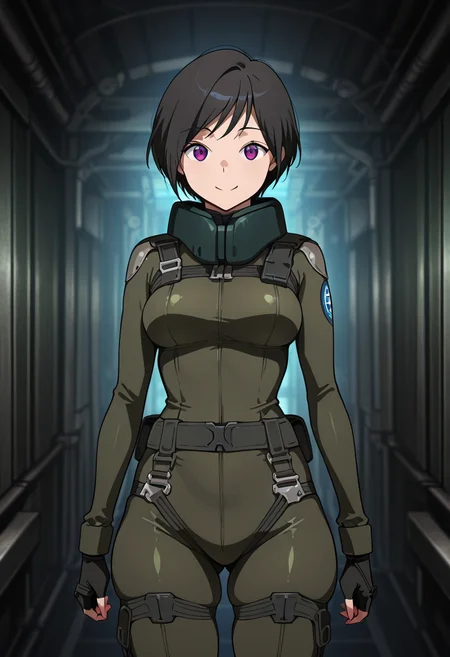 masterpiece, best quality, amazing quality, very aesthetic, absurdres, newest, illustration, perfect composition, intricate details, highres, anime coloring, 1girl, solo, (cowboy shot:1.2), inkoww, purple eyes, black hair, short hair, aldnoahsuit, neck guard, breasts, black fingerless gloves, black boots, looking at viewer, smile, shiny body, shiny skin, skindentation, clear skin, shiny hair, ultra detailed eyes, depth of field, sharp, intricate details, hyperdetailed, ultra-detailed, detailed clothing folds, high contrast, dynamic light  <lora:Amifumi_Inko_Aldnoah_Zero_ill_v1.1:1>