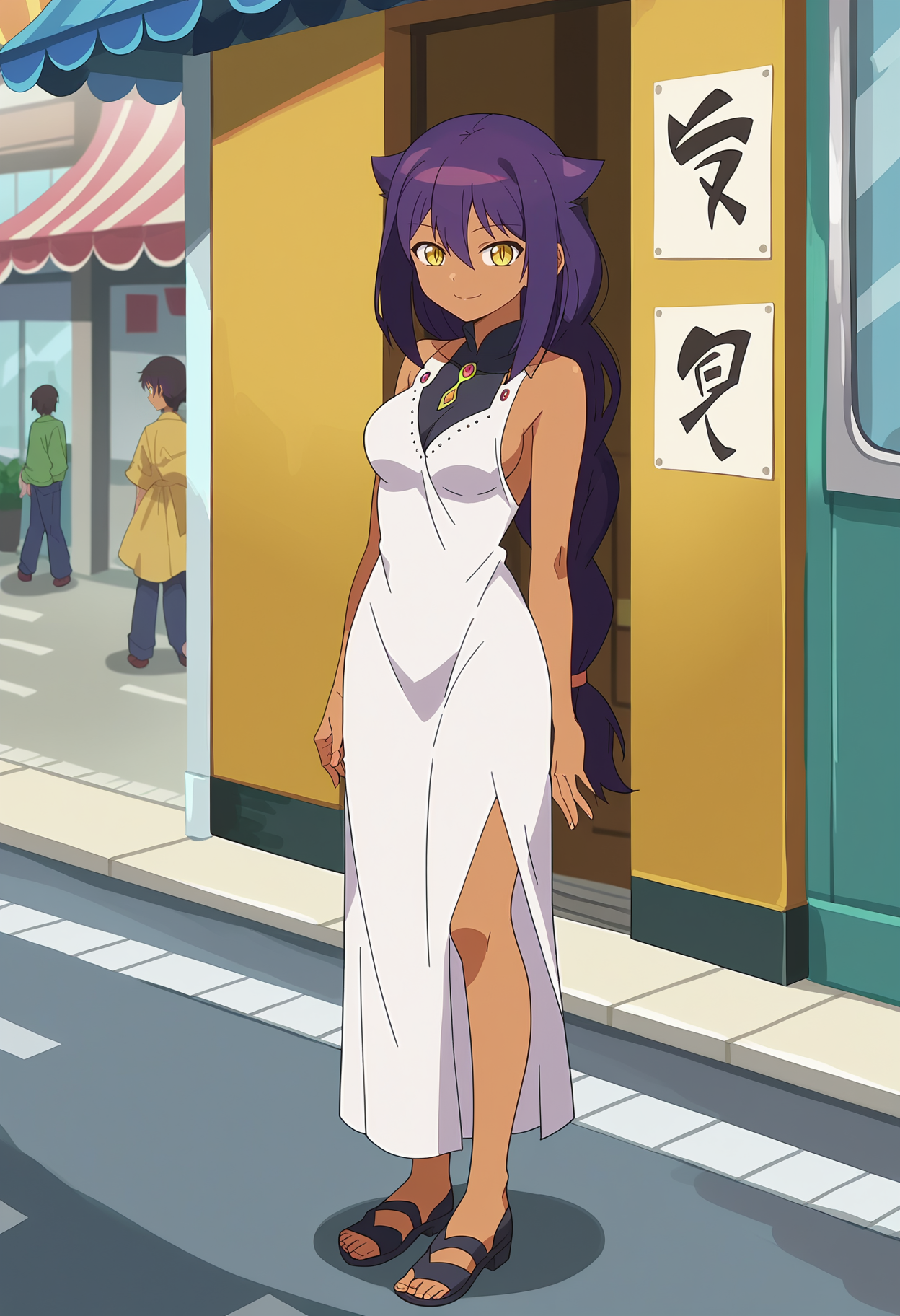 score_9, score_8_up, <lora:TheGreatJahySamaXL_Exotica:1>, 1girl, solo, very long purple hair, medium breasts, hair between eyes, yellow eyes, single braid, sidelocks, dark skin, dark-skinned female, slit pupils, hair flaps, silk dress, full body, light smile, street, anime screencap, anime coloring, source_anime