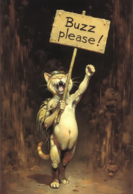 A cat holding up a sign saying 'Buzz please', Frank Frazetta fantasy oil painting