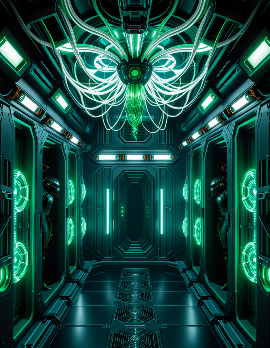 A dark, oppressive regeneration chamber deep within a Borg vessel â a biomechanical environment where drones return to recharge and interface with the collective. The chamber is dimly lit with pulsating green and white lights that flicker through dense shadows. The walls are lined with vertical alcoves, each containing a Borg drone standing motionless, plugged into the system via biomechanical tendrils, tubes, and neural interfaces embedded into their bodies.
The surfaces of the room are a fusion of metallic plating, organic texture, and cybernetic growths â as if the ship itself is alive, constantly shifting and adapting. Steam hisses softly from vents near the floor, and faint mechanical whirring echoes through the chamber. Fiber optic cables pulse with data transmissions, running across the ceiling like glowing veins. 
Above, a central neural conduit hangs like a mechanical spine from the ceiling, branching out and connecting to each alcove, feeding the collective hive mind with real-time information. The atmosphere is cold, sterile, and unnervingly silent â a place devoid of individuality, where only the will of the collective exists. There is no comfort here, only efficiency, order, and total control. 
<lora:SDXLFaeTastic2400:0.4> <lora:extremely_detailed:0.4> extremely detailed,<lora:borg_recharge_ch4mb3r:1>,borg recharge ch4mb3r, Masterpiece,best quality,hi res,8k,hi res,8k,award winning,(sharp focus, intricate, highly detailed),