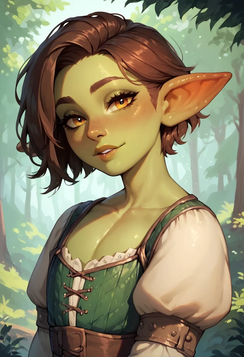 score_9, score_8_up, score_7_up, score_6_up, goblin boy, femboy, 1boy, solo, green skin, looking at viewer, medieval commoner clothes, beautiful face, beautiful eyes, expressive eyes, great forest scenario, great forest background