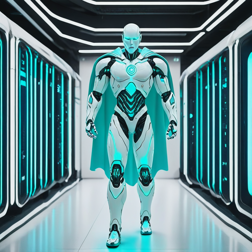 cybersecurityandroid, esetrobot, "A muscular, futuristic robot with a turquoise cape runs through a high-tech data center filled with illuminated server racks and neon lights. The robot's metallic body and glowing eyes give it a determined, heroic look. Its movements are fluid yet powerful, showcasing its strength and agility. The data center environment is filled with holographic displays and technological details, creating a fast-paced, futuristic atmosphere."