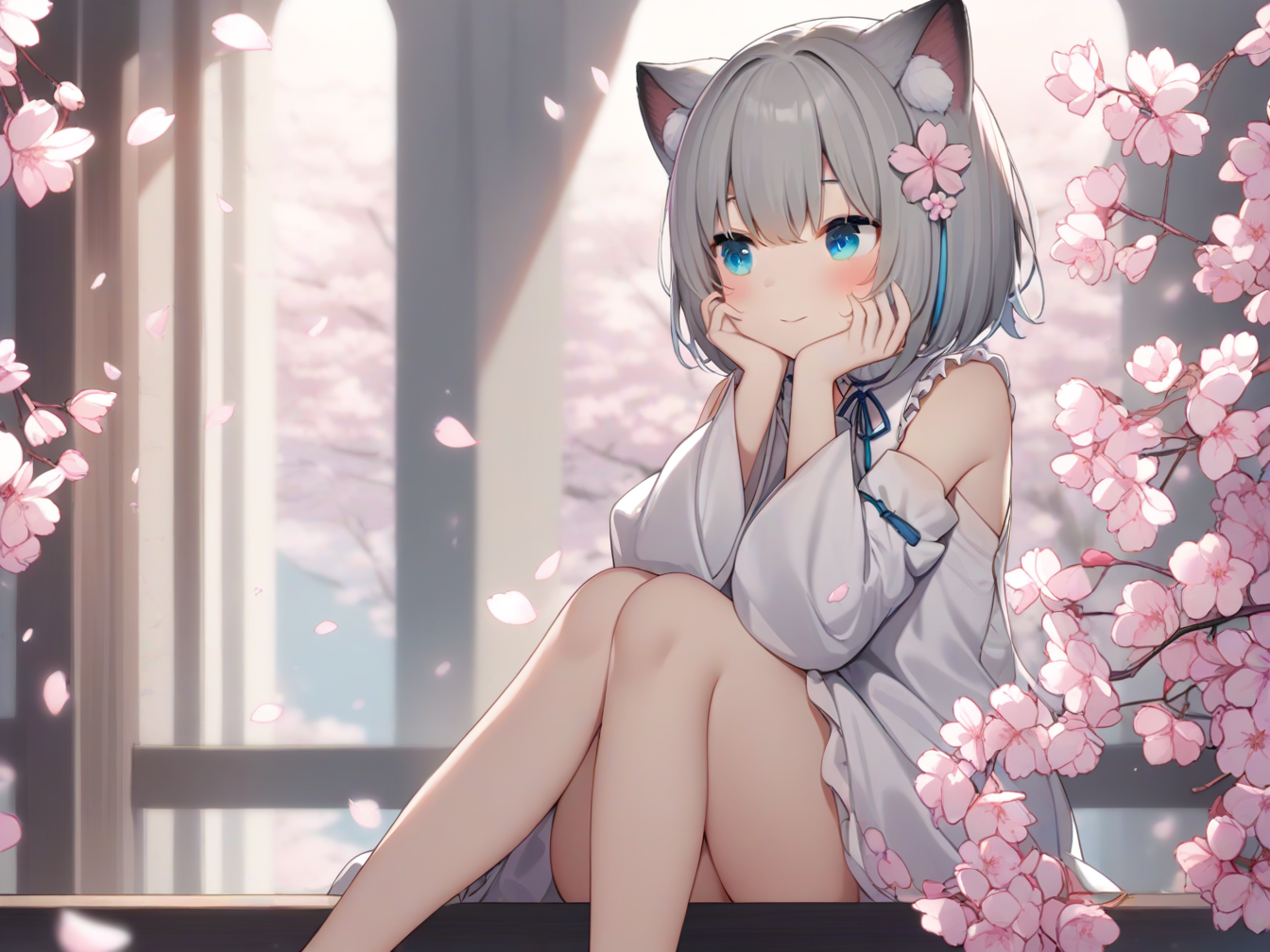 1girl,cherry blossoms,hair flower,pink flower,hair ribbon,cat ears,animal ear fluff,blue eyes,grey hair,short hair,bangs,hair between eyes,eyebrows visible through hair,blush,closed mouth,light smile,wide sleeves,neck ribbon,white dress,crease,frilled_collar,detached_sleeves,flat chest,
hands on own cheek,looking away,sitting,knees together feet apart,
indoors,corridor,stairs,
panorama,from side,
<lora:gan_cheng_3-000044:0.8>,