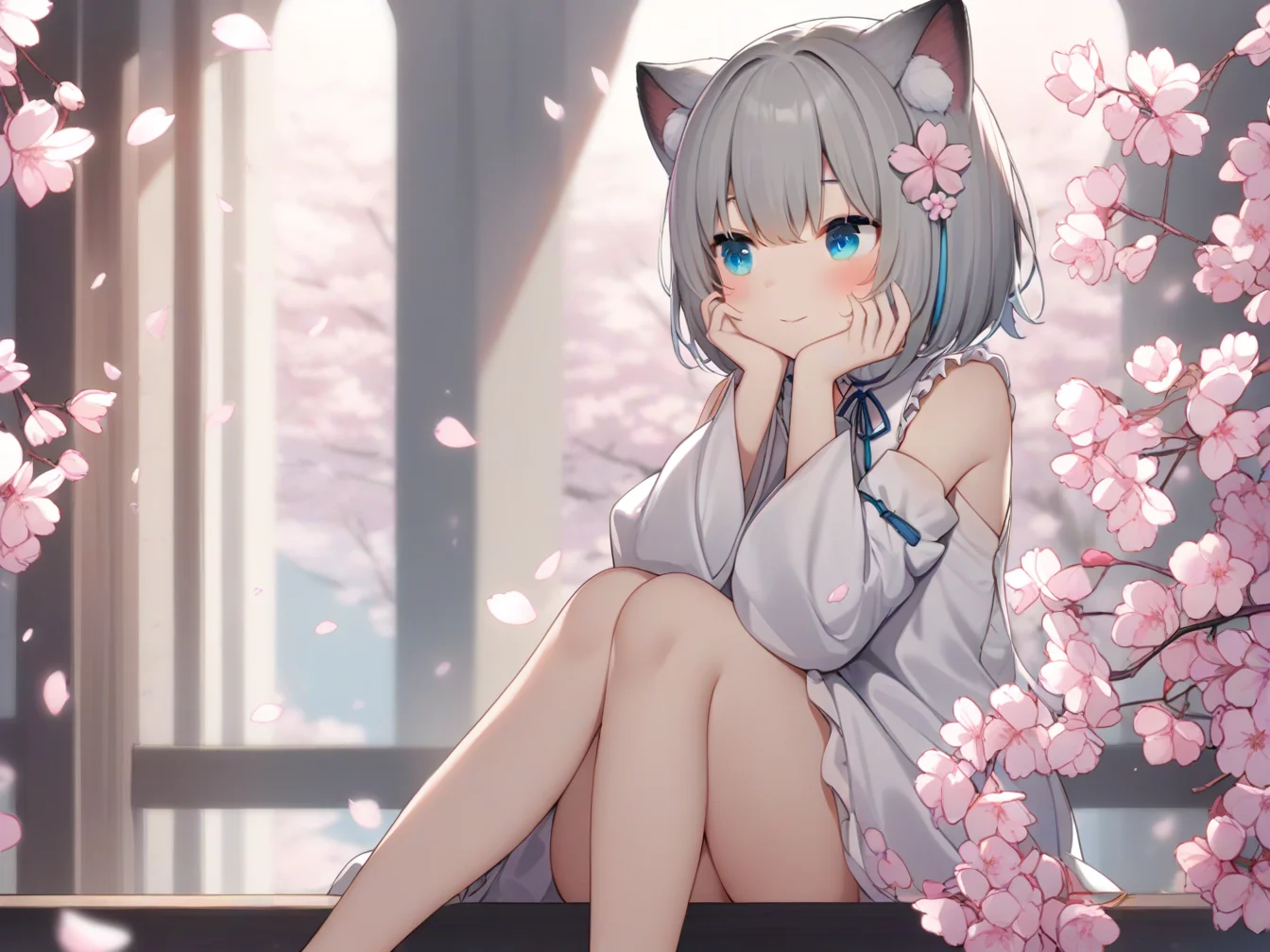1girl,cherry blossoms,hair flower,pink flower,hair ribbon,cat ears,animal ear fluff,blue eyes,grey hair,short hair,bangs,hair between eyes,eyebrows visible through hair,blush,closed mouth,light smile,wide sleeves,neck ribbon,white dress,crease,frilled_collar,detached_sleeves,flat chest,
hands on own cheek,looking away,sitting,knees together feet apart,
indoors,corridor,stairs,
panorama,from side,
<lora:gan_cheng_3-000044:0.8>,