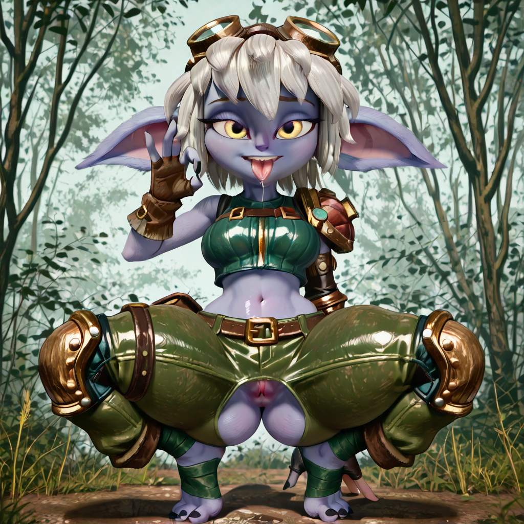 looking at viewer,
forest, 

squatting, from front, fellatio gesture, mouth open, tongue out, saliva, half closed eyes,


yordle, 1girl, goggles on head, solo, pointy ears, yellow eyes, tristana, furry, short hair, (white hair:1.4), bedroom eyes, ears down, small ears, (abs:0.3), medium breasts, large thighs, bubble butt, medium buttocks, shiny eyes, black finger nails, black toe nails, sharp toe nails, (tall:1.6), nude, smiling,

goggles on head, fingerless gloves, skin-tight clothing, tight fit, crop top, sleeveless green vest, green cargo-style pants, leather wrappings, asymmetrical gloves, padded shoulder strap, tight-fit pants with knee pads, adventurer gear, fantasy outfit, steampunk elements, leather bands on arms and legs, green foot wraps secured to middle toe, gloves