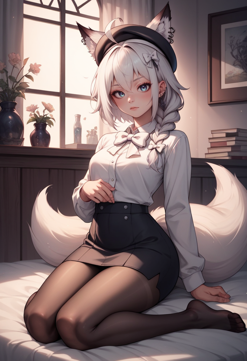 score_9, score_8_up, score_7_up, score_6_up, score_5_up, score_4_up, rating_explicit,  BREAK,  <lora:fubukiXL-10:0.75> fubukicasual, white shirt, white bow, beret, black skirt, black pantyhose, white hair, single side braid, ahoge, piercing, fox tail, pentagram sitting with her back arched