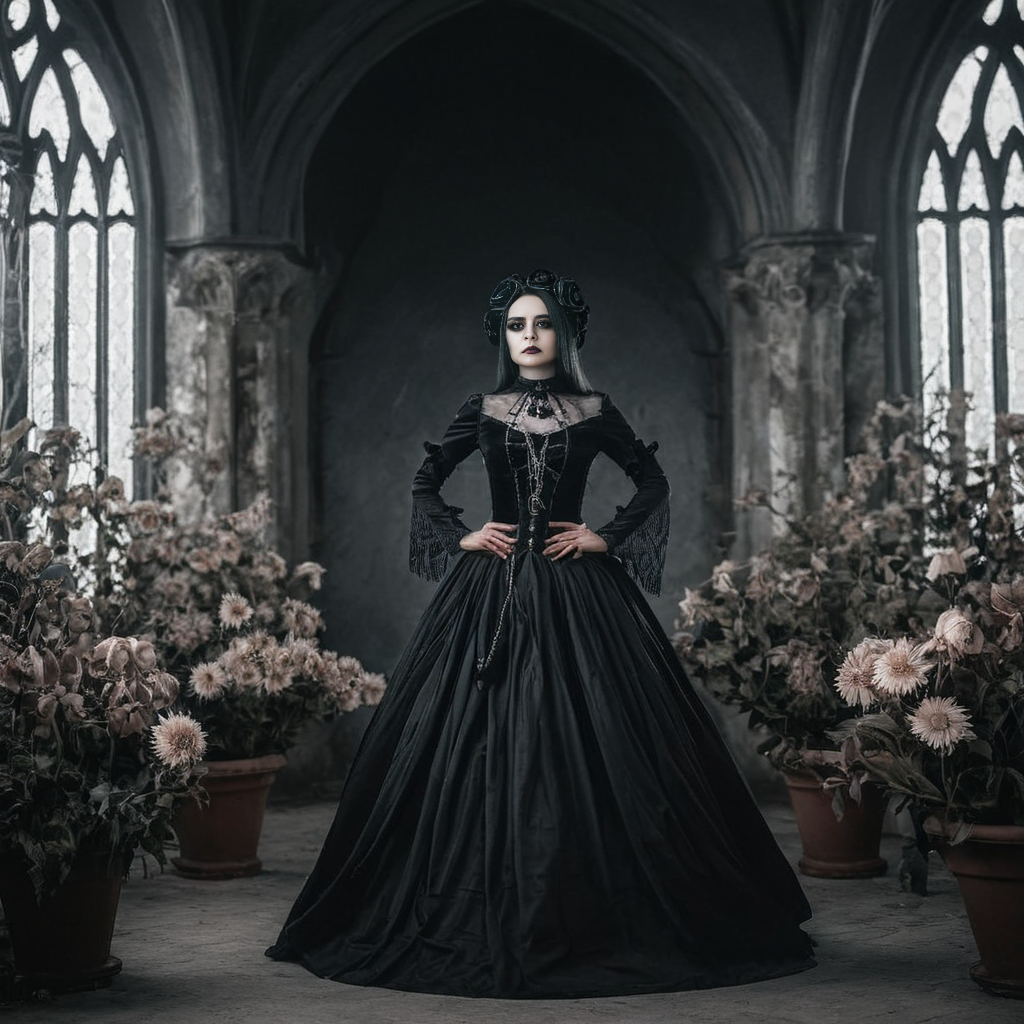 radiant darkness, a woman, in gothic dress, around flowers posing <lora:Radiant_Darkness:1>