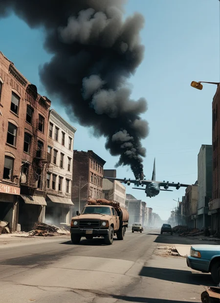 Cinematic still of apocalyptic city street, rusted and smoking AIR_C130 flying overhead <lora:AIR_C130:1>