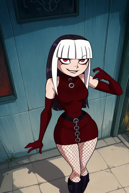masterpiece, best quality, solo, curvy, beautiful eyes, zzCrimson, goth, blunt bangs, long hair, red eyes, makeup, fishnets, knee boots, red dress, elbow gloves, <lora:CrimsonTDI_IXL:1.0>, from above, dynamic pose, cowboy shot, smile, looking at viewer, shiny skin,<lora:TTitansStyleIXL:1.0>,