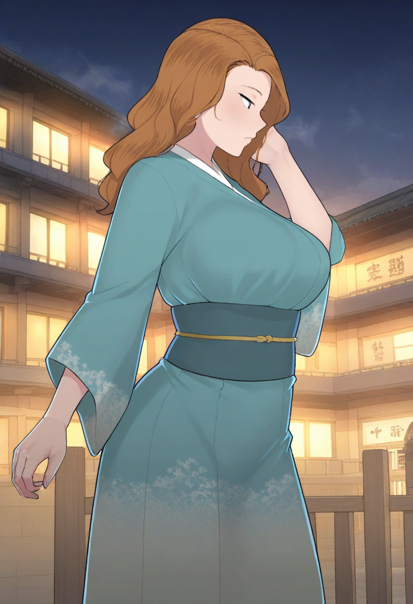masterpiece, best quality, amazing quality, 1girl, solo, large breasts, Walking with one hand brushing hair back, from_behind, Turquoise kimono skirt, wavy hair, french twist, Ginger hair, floating city, cropped_torso, <lora:Illustrous\ntrman_IL:1.0>