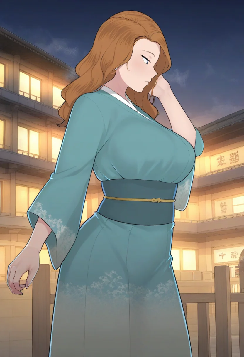 masterpiece, best quality, amazing quality, 1girl, solo, large breasts, Walking with one hand brushing hair back, from_behind, Turquoise kimono skirt, wavy hair, french twist, Ginger hair, floating city, cropped_torso, <lora:Illustrous\ntrman_IL:1.0>