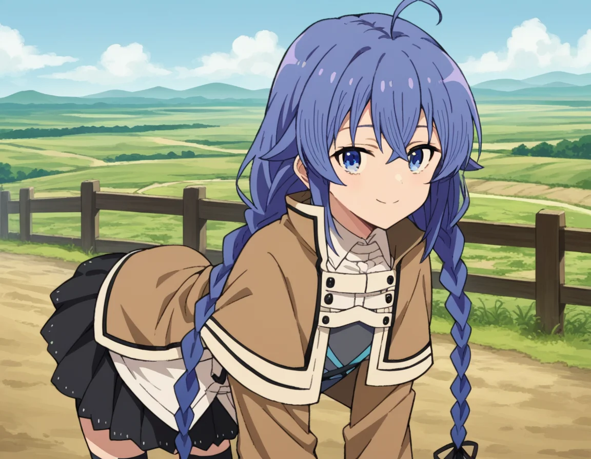score_9, score_8_up, score_7_up, source_anime,
roxymigurdia, <lora:roxy-migurdia-s1-ponyxl-lora-nochekaiser:1>,
roxy migurdia, ahoge, black ribbon, blue eyes, blue hair, braid, hair between eyes, hair ribbon, long hair, twin braids, very long hair,
black legwear, black skirt, capelet, jacket, brown jacket, long sleeves, miniskirt, open clothes, open jacket, pleated skirt, skirt, white capelet, white footwear, white jacket,
outdoors, landscape, farm, bent over, smile,
looking at viewer, dutch angle, cowboy shot,