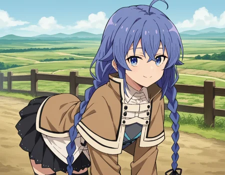 score_9, score_8_up, score_7_up, source_anime,
roxymigurdia, <lora:roxy-migurdia-s1-ponyxl-lora-nochekaiser:1>,
roxy migurdia, ahoge, black ribbon, blue eyes, blue hair, braid, hair between eyes, hair ribbon, long hair, twin braids, very long hair,
black legwear, black skirt, capelet, jacket, brown jacket, long sleeves, miniskirt, open clothes, open jacket, pleated skirt, skirt, white capelet, white footwear, white jacket,
outdoors, landscape, farm, bent over, smile,
looking at viewer, dutch angle, cowboy shot,