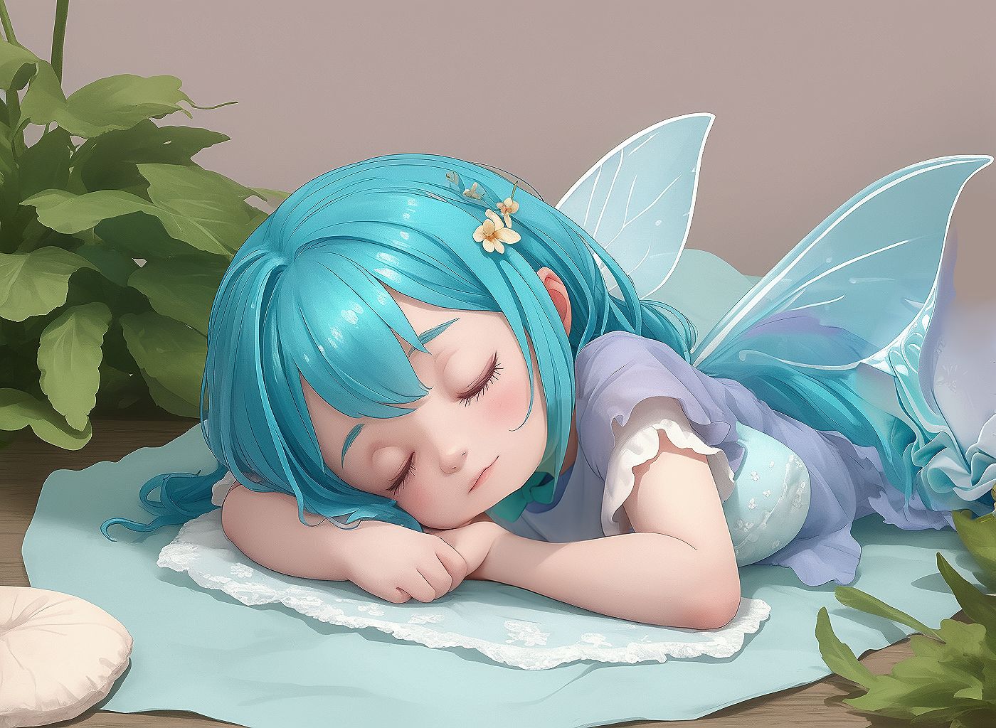 Prompt: cute little fairy sleeping and snoring, she has big long gossamer wings.  she is sleeping on a folded dish towel.  She is using a pin-cushion for her pillow, she is covered with a napkin as a sheet
