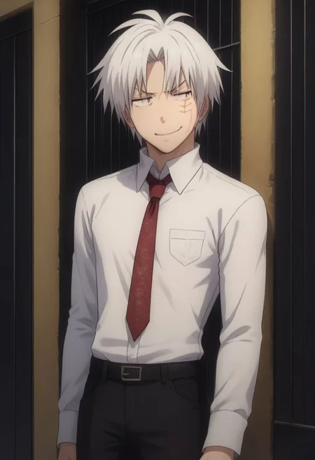 score_9, score_8_up, score_7_up, source_anime, highly detailed, 1boy, solo, male_focus, slender, skinny, cute,
allen_walker, 1boy, male focus, solo, white hair, scar, smile, smirk, shirt, necktie,
