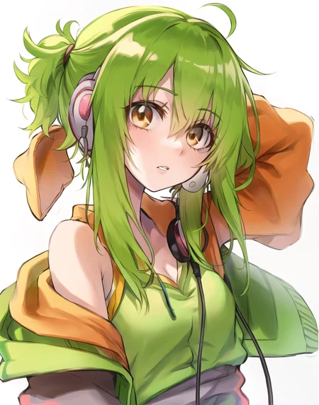 Gumi, solo, ((focus on face)), looking at viewer, white background <lora:Gumi_V1-01:0.6>, earphones,