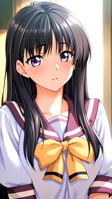 amazing quality,absurdres,best quality,masterpiece,highres,newest,detailed,detailed body,detailed face,masterpiece,best quality,solo,
hikari,1girl,solo,school uniform,long hair,black hair,purple eyes,bow,looking at viewer,serafuku,<lora:hikari:1>,