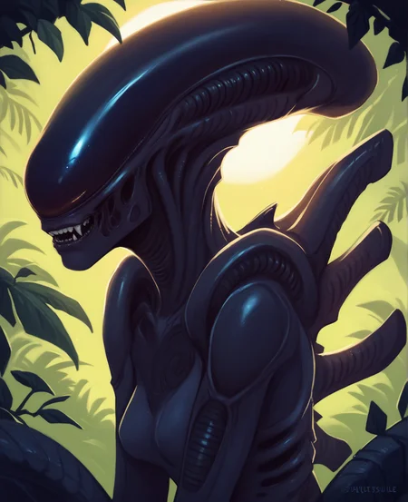 score_9, score_8_up, score_7_up, score_6_up, score_5_up, score_4_up, source_furry, [ksh|sule] alien, xenomorph, black body, black skin, solo, spiked tail, spikes, spikes \(anatomy\), tail, female, backlighting, looking at viewer, front view, three-quarter portrait, upper body, (close-up:1.3), flat chest, happy, small breasts, (bust portrait:1.4), jungle, outside, sun, tree, leaf, plant, caustics, lighting
<lora:xenomorph_pdxl:1>