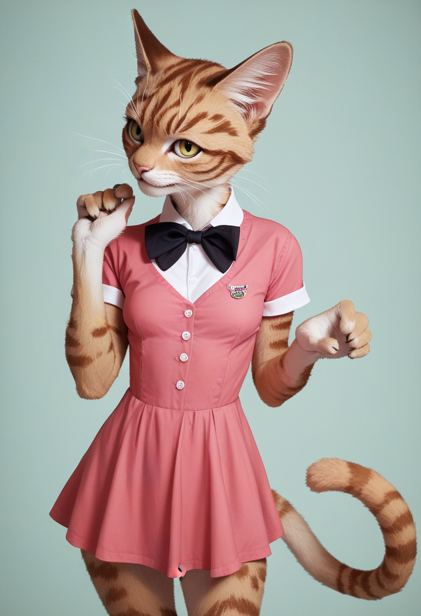 score_9, score_8_up, score_7_up, score_6_up, score_5_up, score_4_up, source_furry, sharp focus, high contrast
BREAK
1girl, solo, looking at viewer, confident smile, short sleeves, small dress, closed mouth, standing, tail, hand up, bowtie, pink dress, furry, cat girl, furry female
<lora:Blue_2:0.5>