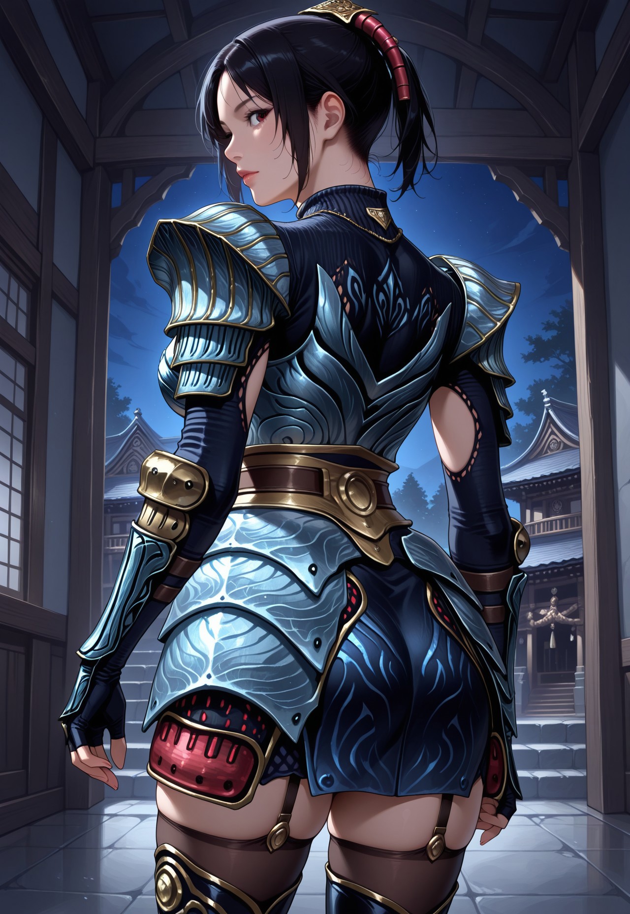masterpiece, best quality, detailed, realistic, from behind, 1girl, solo, Onioyu, black hair, short hair, closed eyes, hair ornament, silver armor, Silver breastplate, cleavage, silver pauldrons, silver gauntlets, fingerless gloves, silver armor skirt, garter straps, thigh boots, looking back at viewer, ancient Japanese castle, interior, at night,