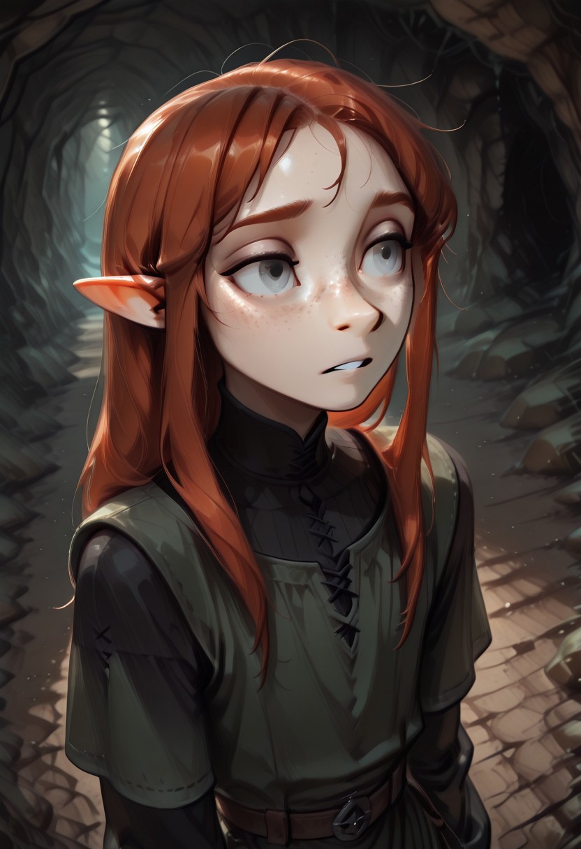 1person, solo, Lapanya, Malgha, freckles, pointy ears, Long-sleeve black shirt, green tunic,
Close up, looking to the side, high angle, anxious expression,
Underground, organic cavern,
Masterpiece, high quality, highly detailed, perfect eyes,