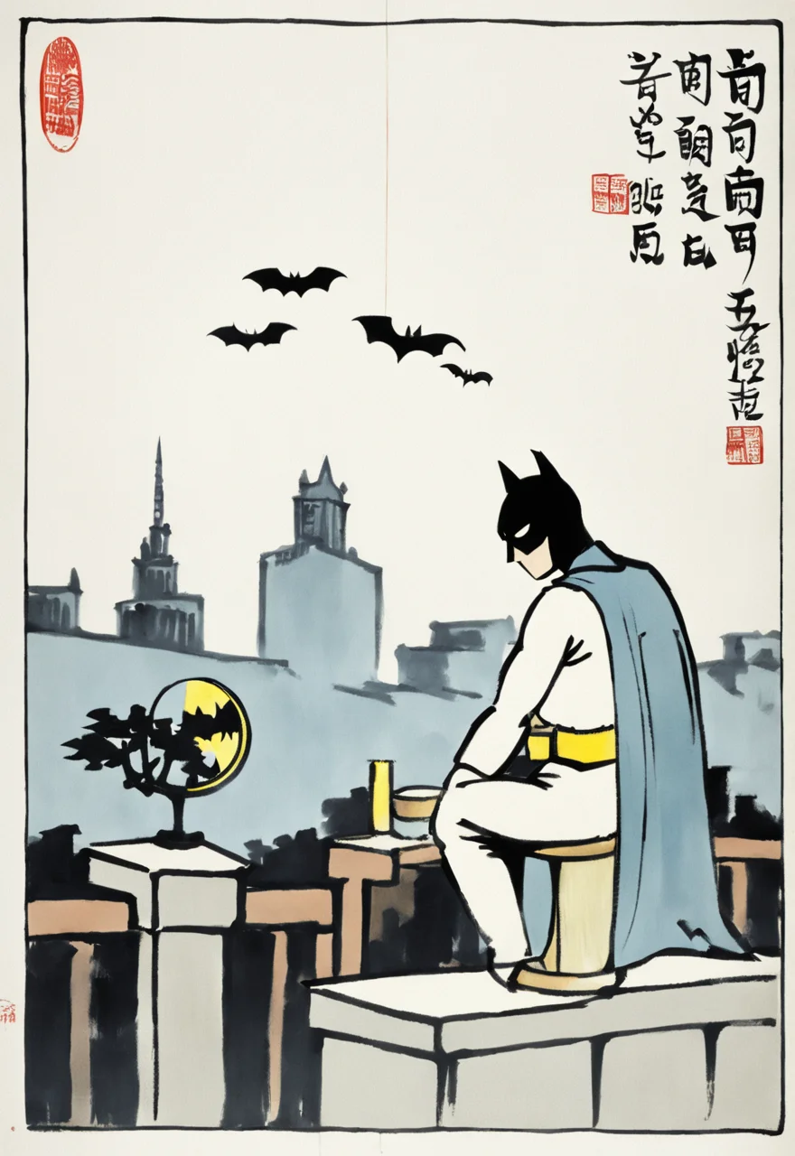 Batman at night, by Feng Zikai <lora:fengzikai_v1.0_XL:1>