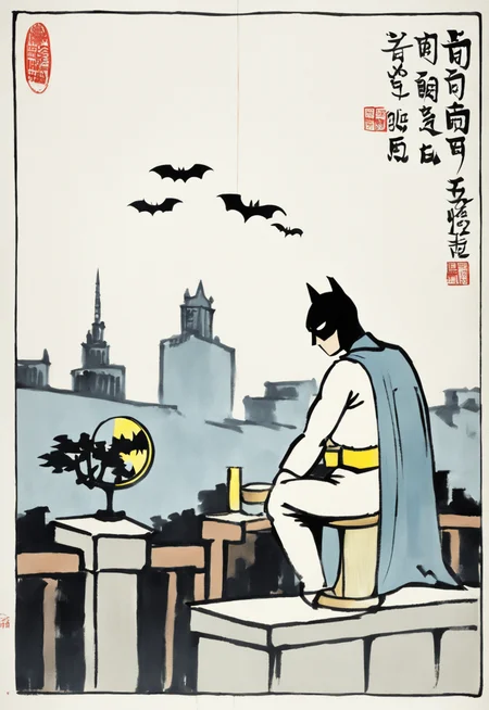 Batman at night, by Feng Zikai <lora:fengzikai_v1.0_XL:1>