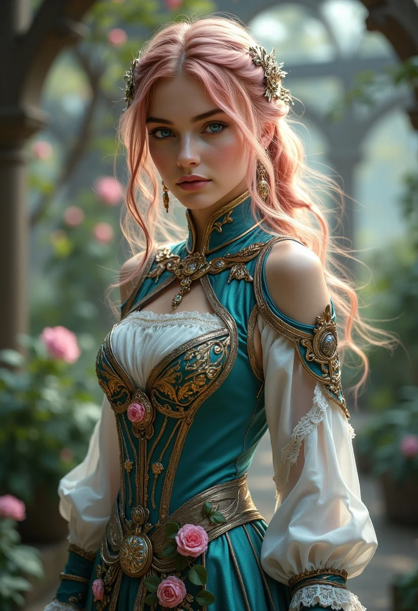 An ethereal noble botanist-mage who cultivates rare magical flowers, known throughout the realm for creating hybrid species that possess both healing and defensive properties.
Physical Features:
- Graceful, regal bearing with ethereal presence
- Flowing rose-pink hair cascading in elegant waves
- Striking emerald eyes with an intelligent, observant gaze
- Delicate features with a determined expression
- Porcelain complexion suggesting nobility
Outfit Breakdown:
- Elaborate corseted dress combining courtly elegance with practical design
- High-necked collar with intricate teal and gold embroidery
- Billowing white silk sleeves with detailed lacework at cuffs
- Layered skirt with teal silk base and white overlay
- Asymmetrical drape featuring hand-painted pink floral patterns
- Golden trim and decorative elements suggesting royal heritage
- Hidden pockets for gathering botanical specimens
- Fresh flowers adorning the waist, symbolizing her connection to nature
Environment and Context:
- Royal botanical gardens with rare magical specimens
- Ancient greenhouse architecture combining elegance and function
- Magical flowers emitting subtle luminescence
- Tendrils of mist carrying flower petals
- Evidence of experimental magical botany
- Hints of protective wards and growth-enhancement spells
- Classical architecture meeting natural wilderness